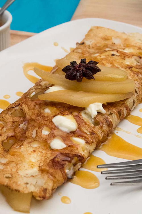 Sweet Rava Dosa with Pear Compote, Mascarpone, and Coconut Rum Caramel Sauce