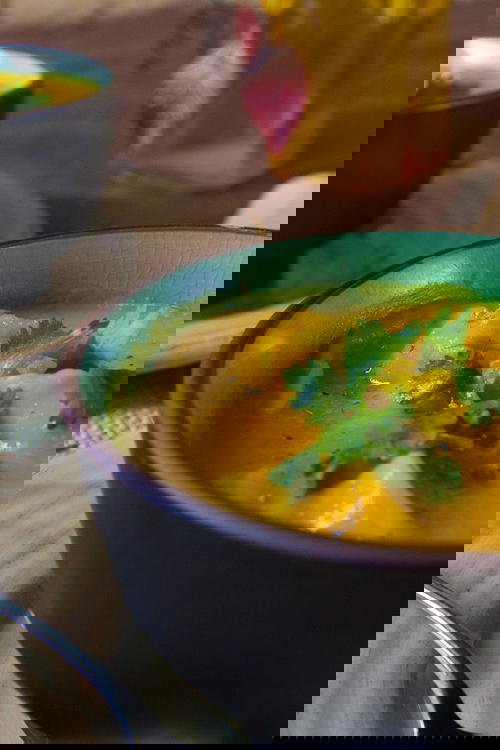 Carrot Ginger Soup with Pea Dumplings