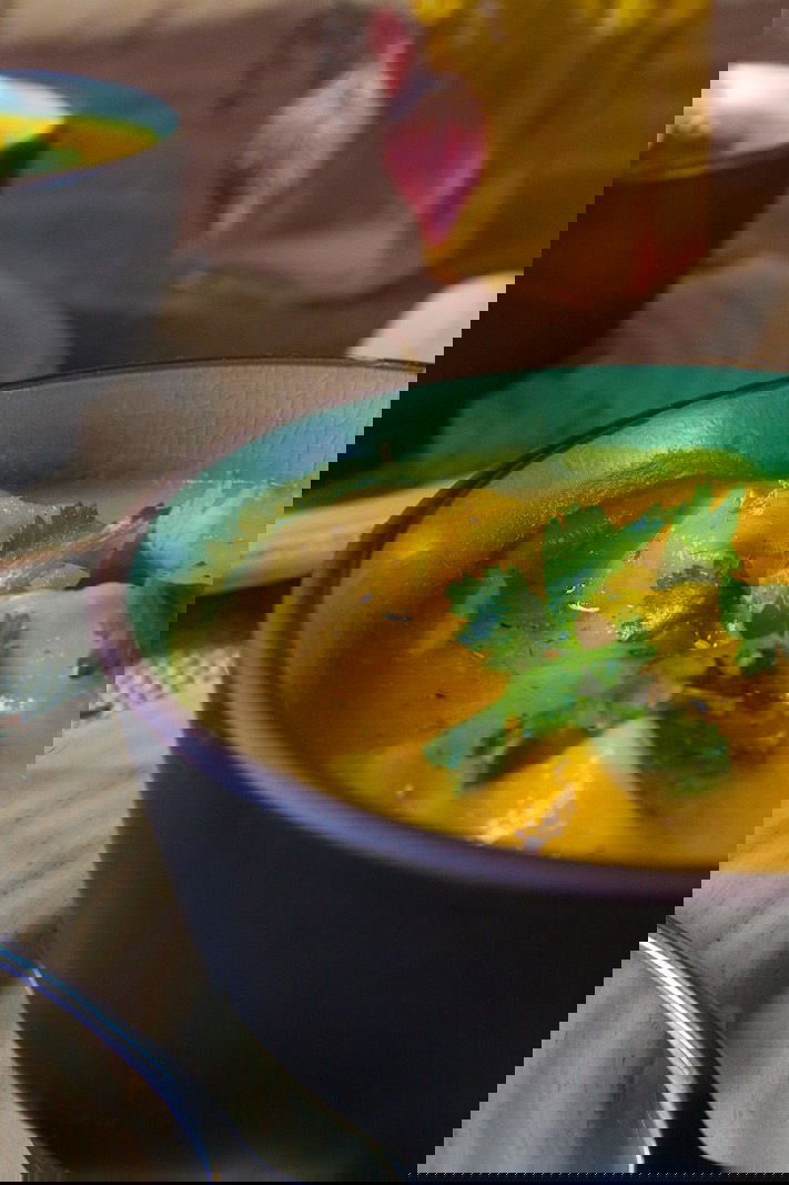 Carrot Ginger Soup with Pea Dumplings