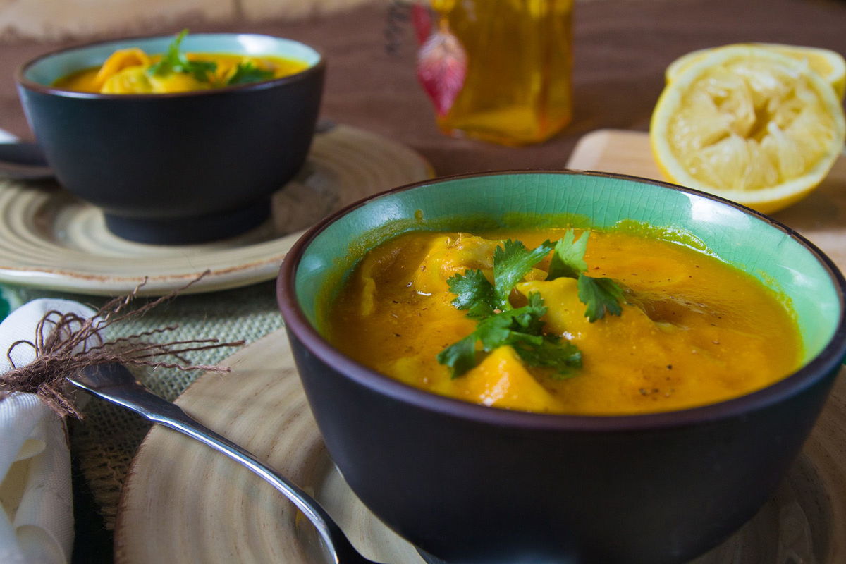 Carrot Ginger Soup with Pea Dumplings by Indiaphile.info