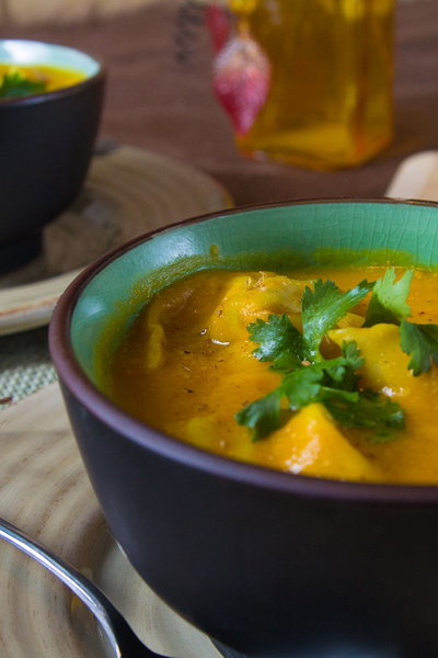 Carrot Ginger Soup with Pea Dumplings