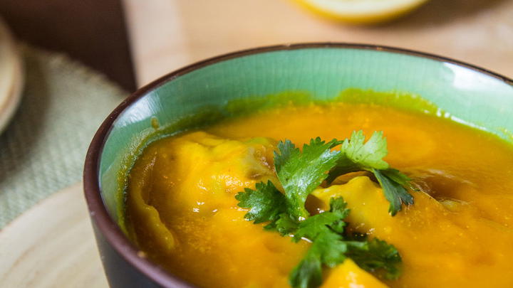 Carrot Ginger Soup with Pea Dumplings