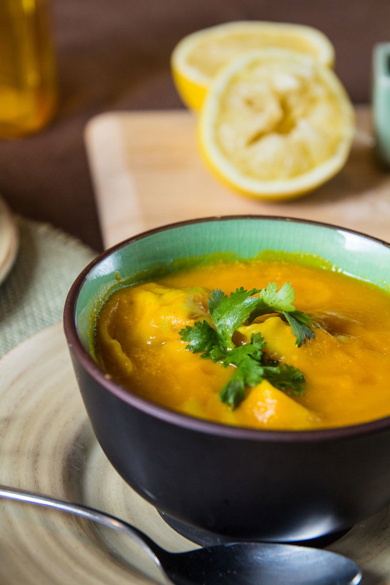 Carrot Ginger Soup with Pea Dumplings by Indiaphile.info