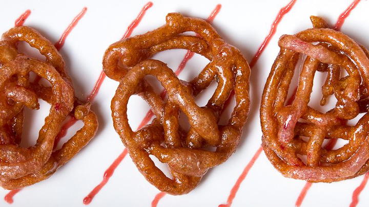 Rhubarb Jalebi in Cardamom Syrup