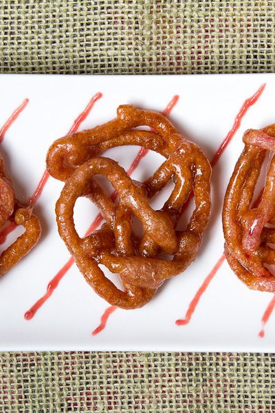Rhubarb Jalebi in Cardamom Syrup