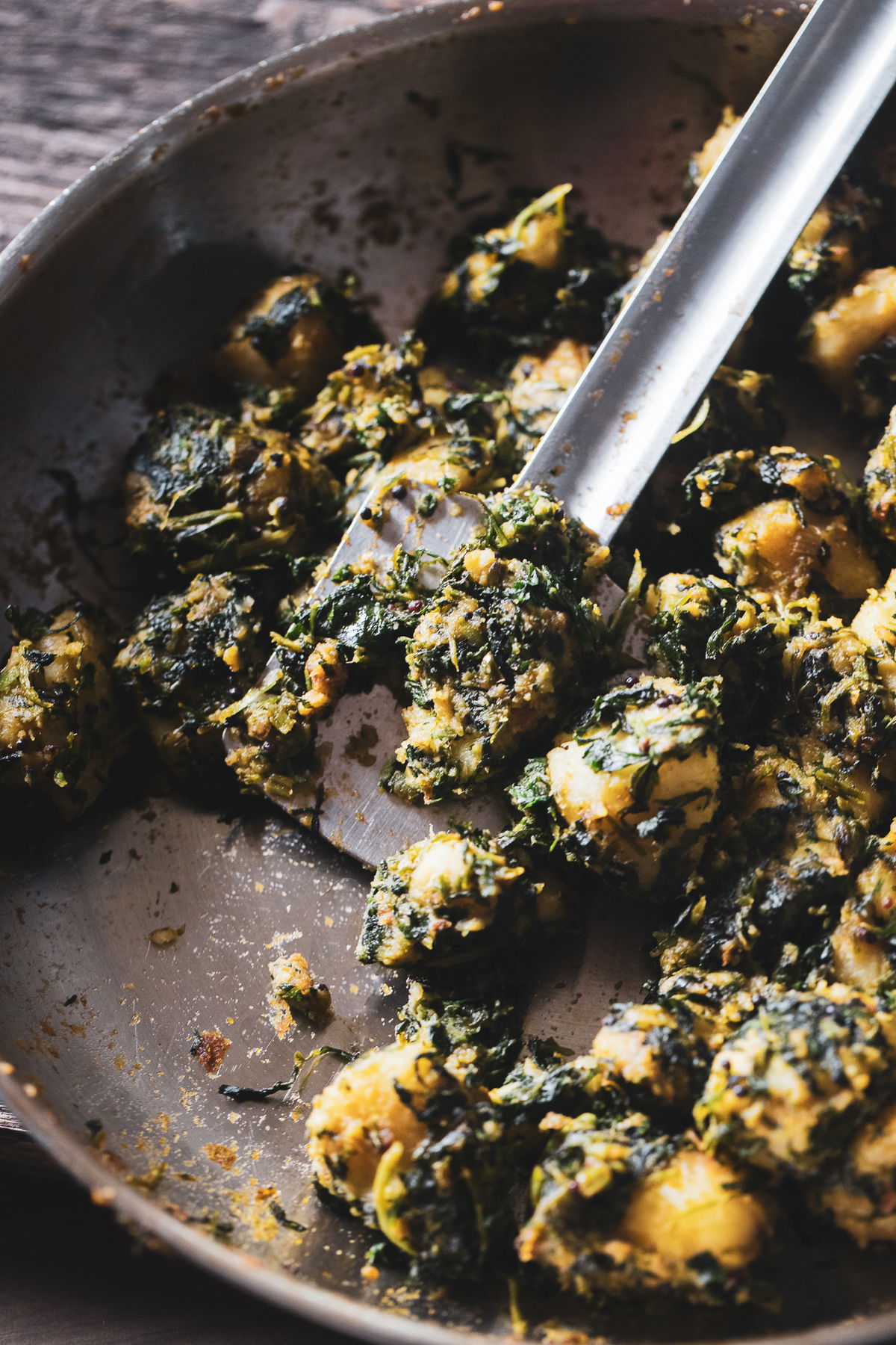 Sweet potato shaak in the pan