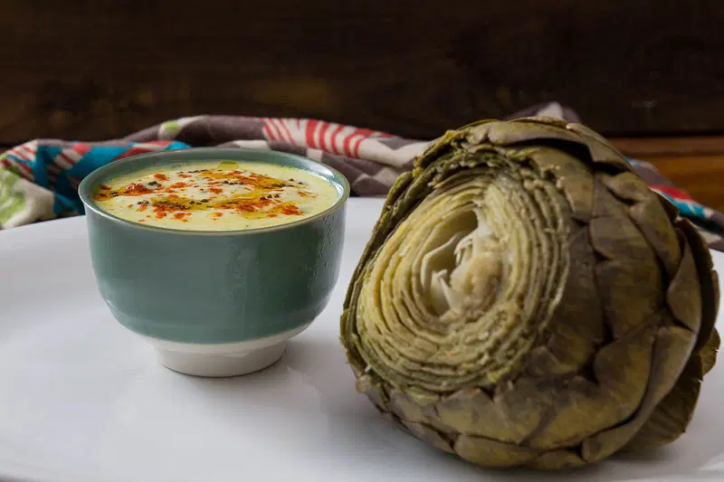 Steamed Artichokes with Curried Yogurt Dip by Indiaphile.info