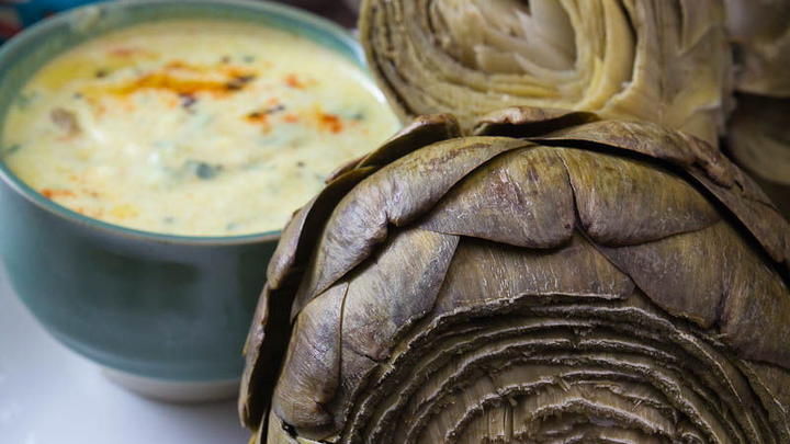 Steamed Artichokes with Curried Yogurt Dip by Indiaphile.info