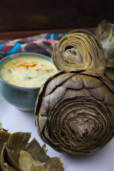 Steamed Artichokes with Curried Yogurt Dip by Indiaphile.info