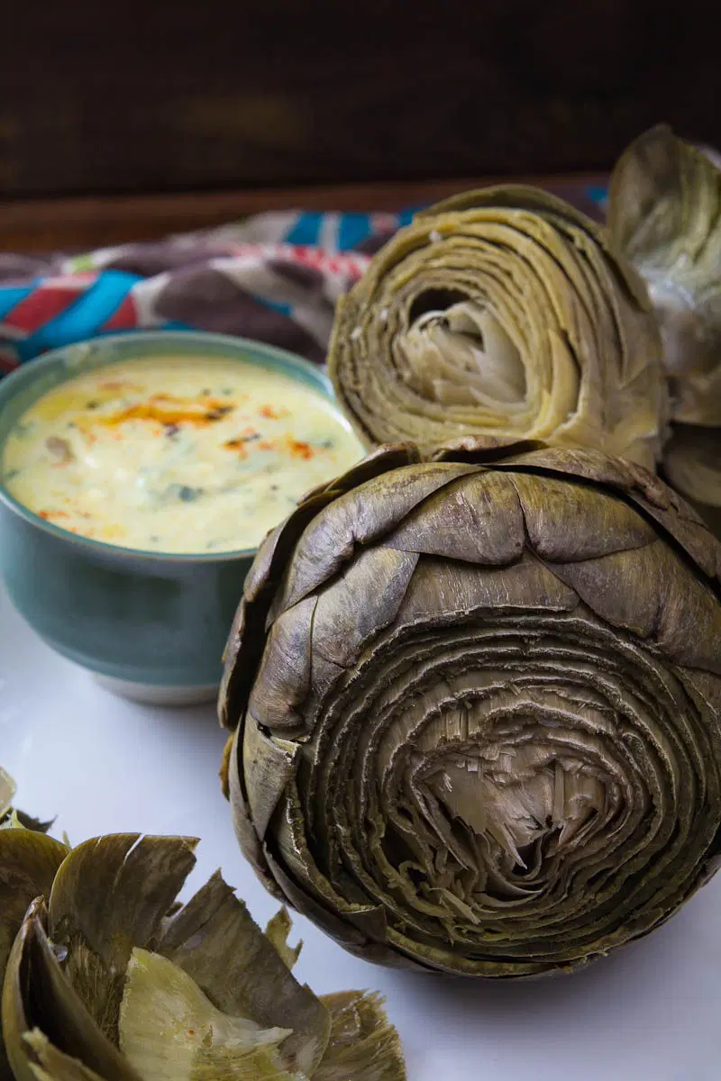 Steamed Artichokes with Curried Yogurt Dip by Indiaphile.info