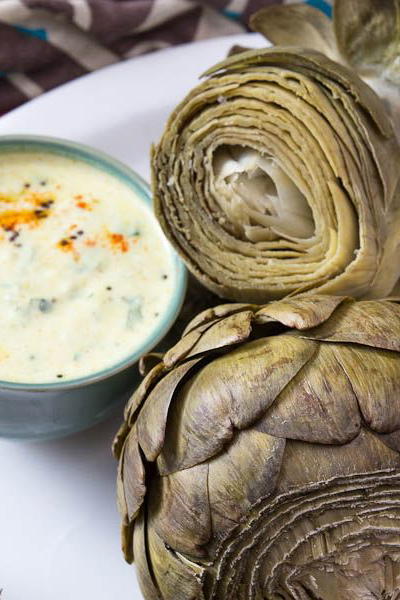 Steamed Artichokes with Curried Yogurt Dip