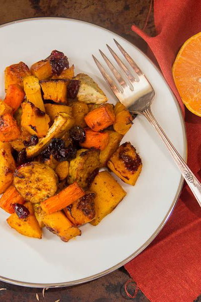 Roasted Squash and Root Vegetables with Bay, Cumin and Tangerine