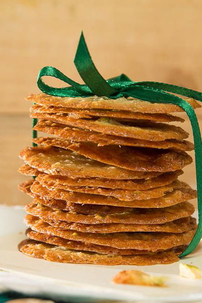 Pistachios and Saffron (Kesar Pista) Tuiles by Indiaphile.info