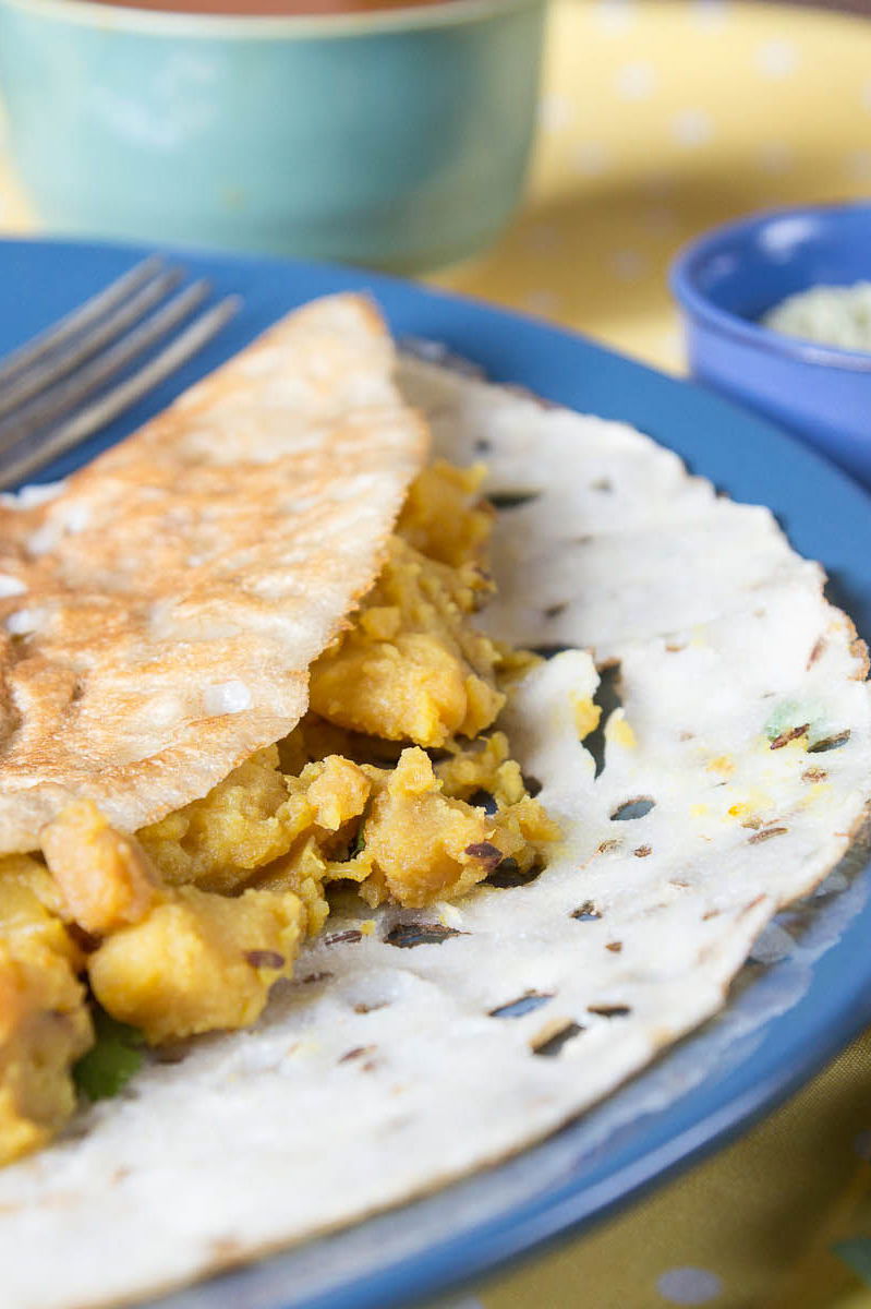 Rava Masala Dosa with Potato Curry and Coconut Chutney