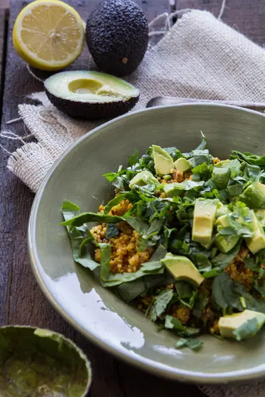 Healthy Curried Quinoa with Spinach and Avocado for Lunch by Indiaphile.info