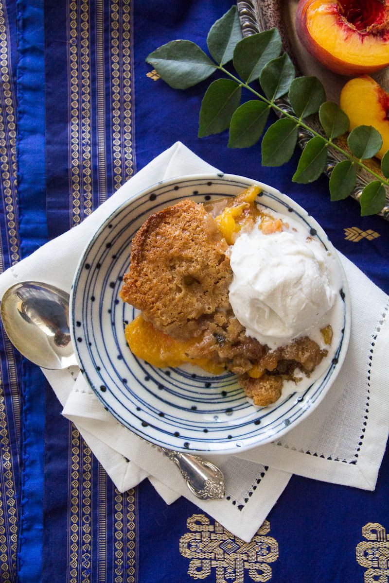 Peach and Curry Leaf Cobbler recipe by Indiaphile.info