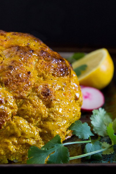 Whole Roasted Tandoori Cauliflower with Cilantro Onion Chutney