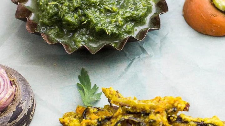 Carrot bhajias with carrot green chutney