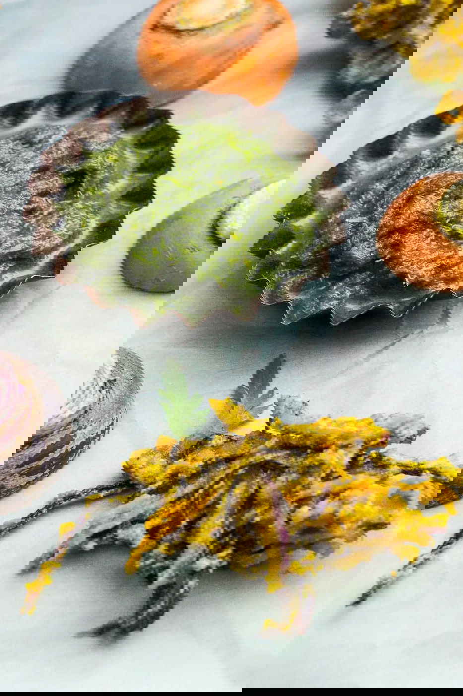 Carrot bhajias with carrot green chutney