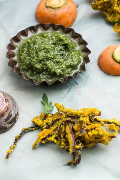 Carrot bhajias with carrot green chutney