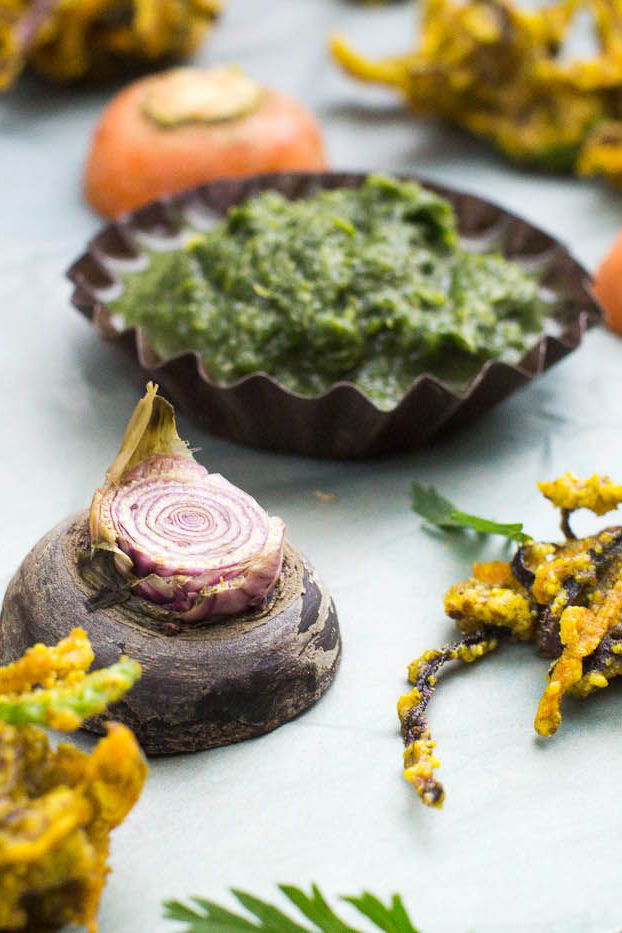 Carrot Bhajia (Carrot Fritters) with Carrot Green Chutney