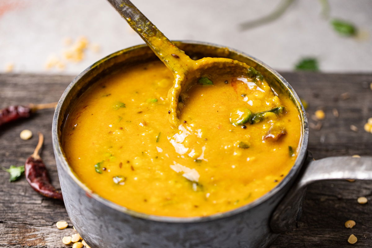 Gujarati dal in the pot.