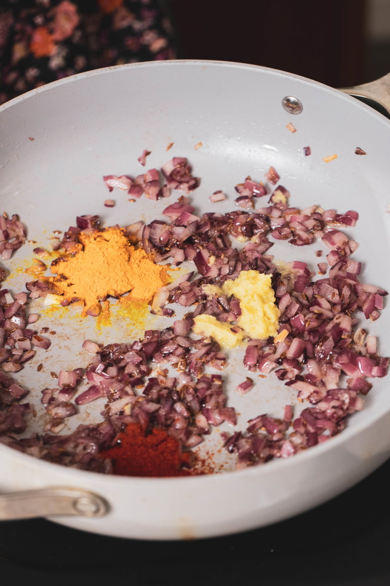 Add turmeric, ginger, and chili powder.