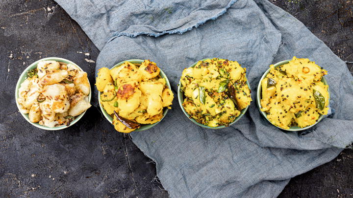 4 potato dishes made with 4 different vaghars