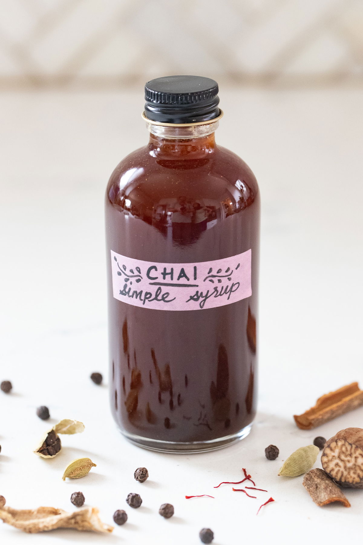 Bottle of Chai Simple Syrup with label