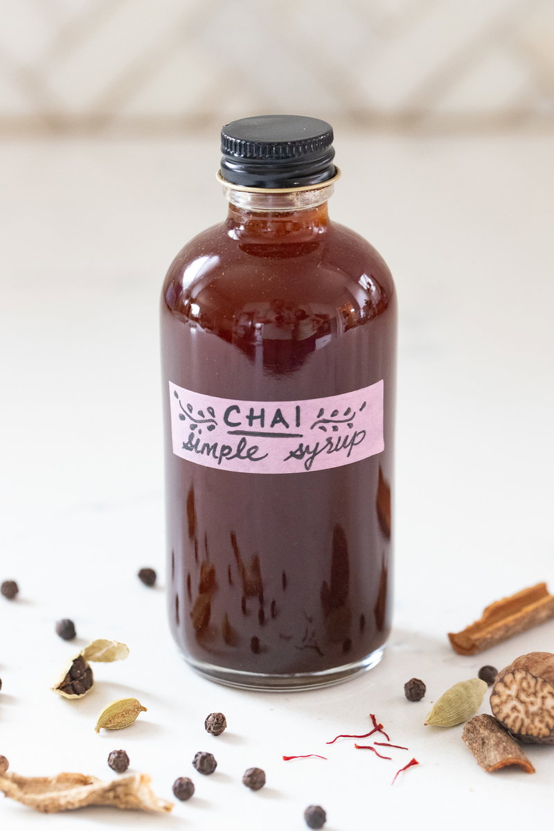 Bottle of Chai Simple Syrup with label