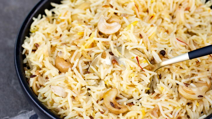 A bowl of onion rice pilaf