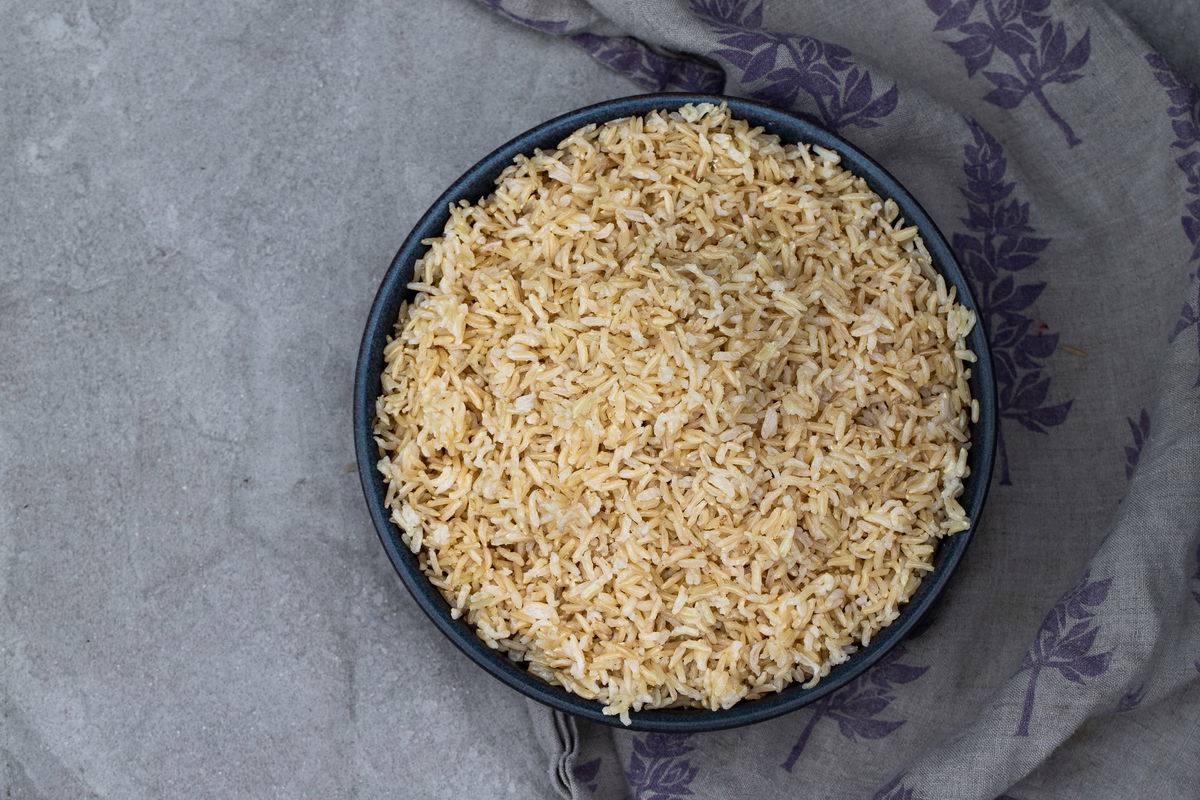 Looking down on a bowl of brown basmati rice