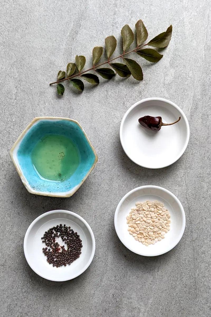 Ingredients for the vaghar on the coconut peanut chutney