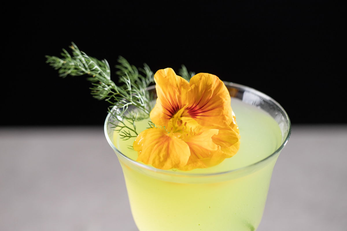 Fennel cocktail, garnished with nasturtium.