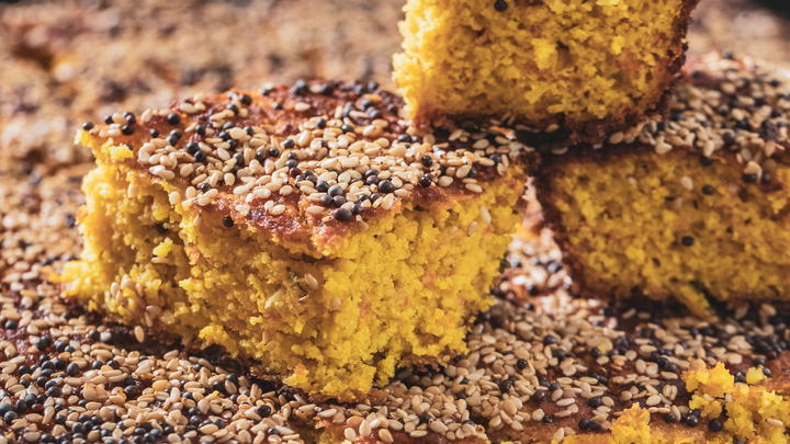 Handvo made in a sheet pan.