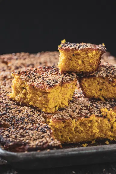 Handvo made in a sheet pan.