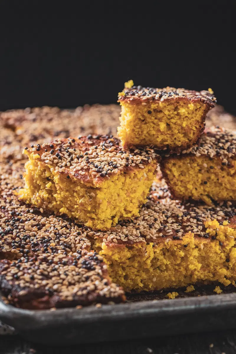 Handvo made in a sheet pan.