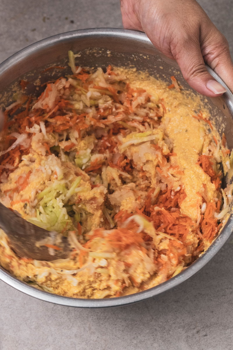 Add the vegetables to your batter and mix well.