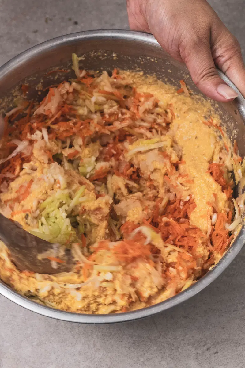 Add the vegetables to your batter and mix well.