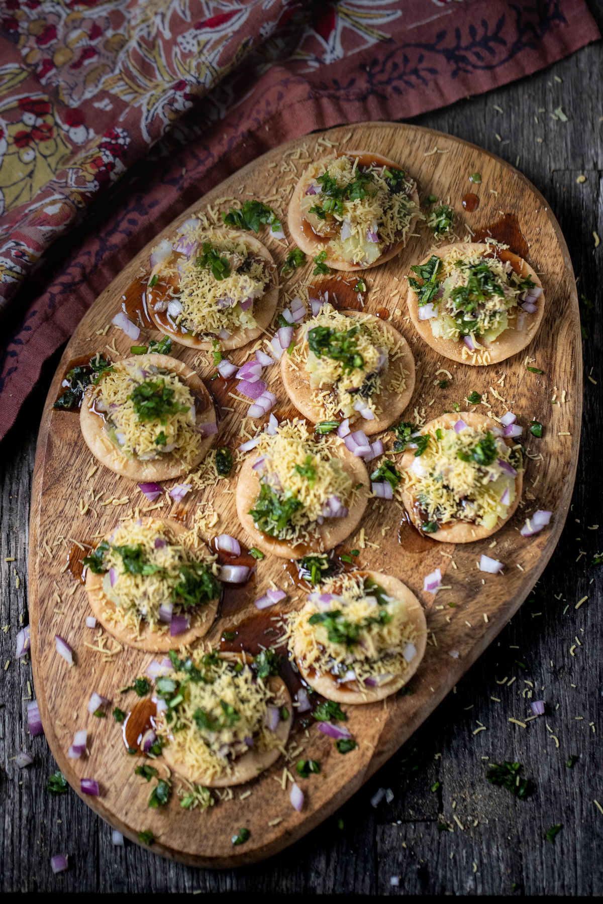 Sev puri on a plate