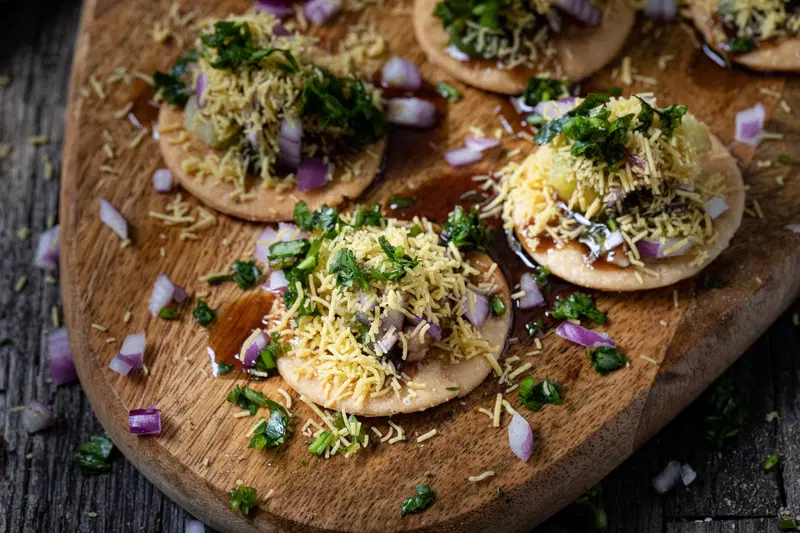 Sev puri on a platter