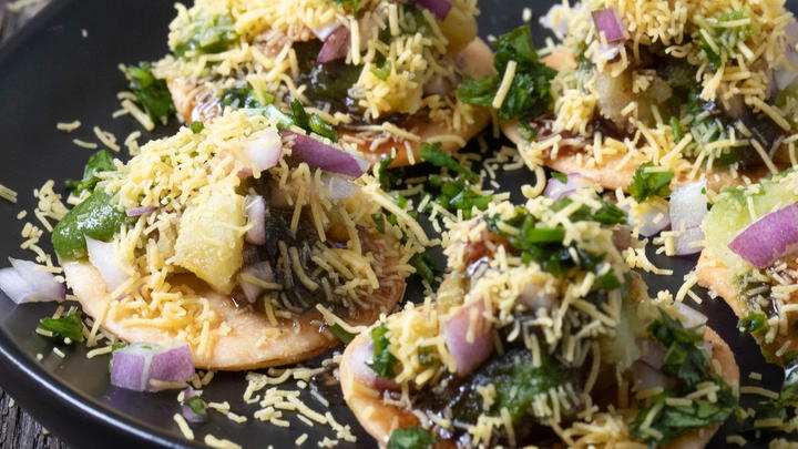 Sev puri on a plate