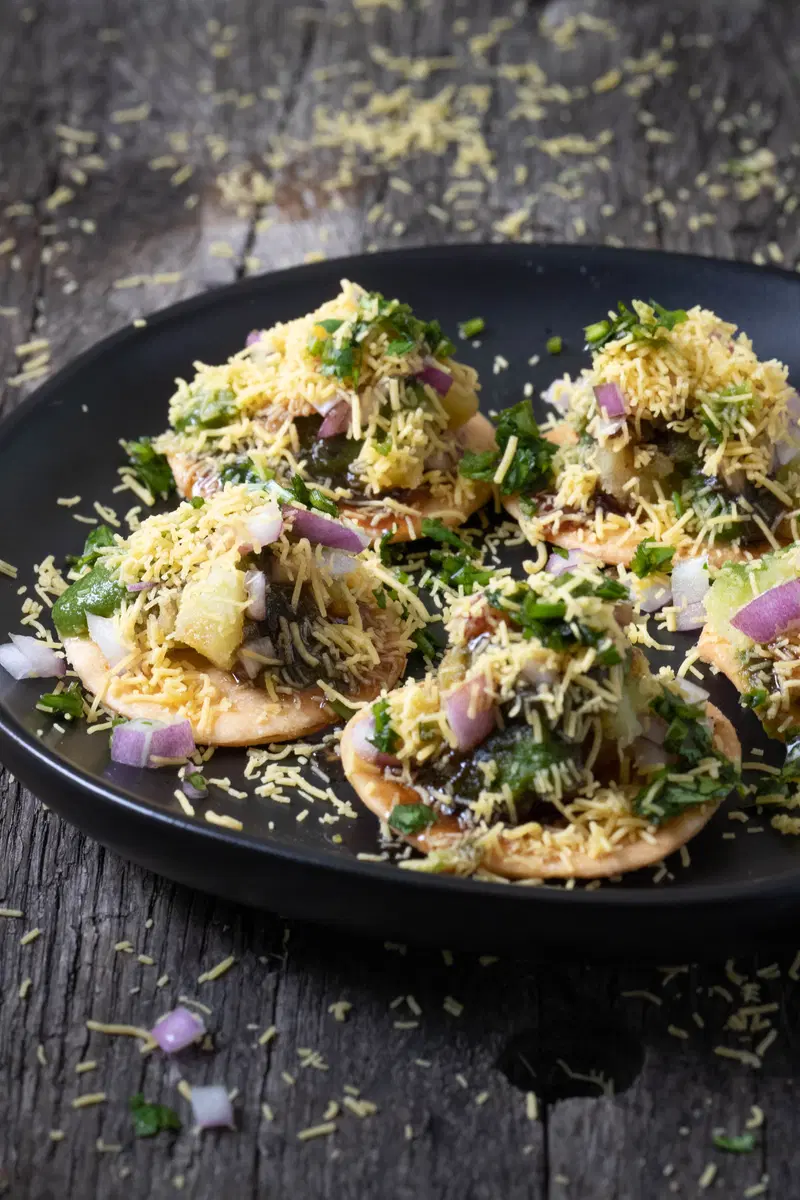 Sev puri on a plate