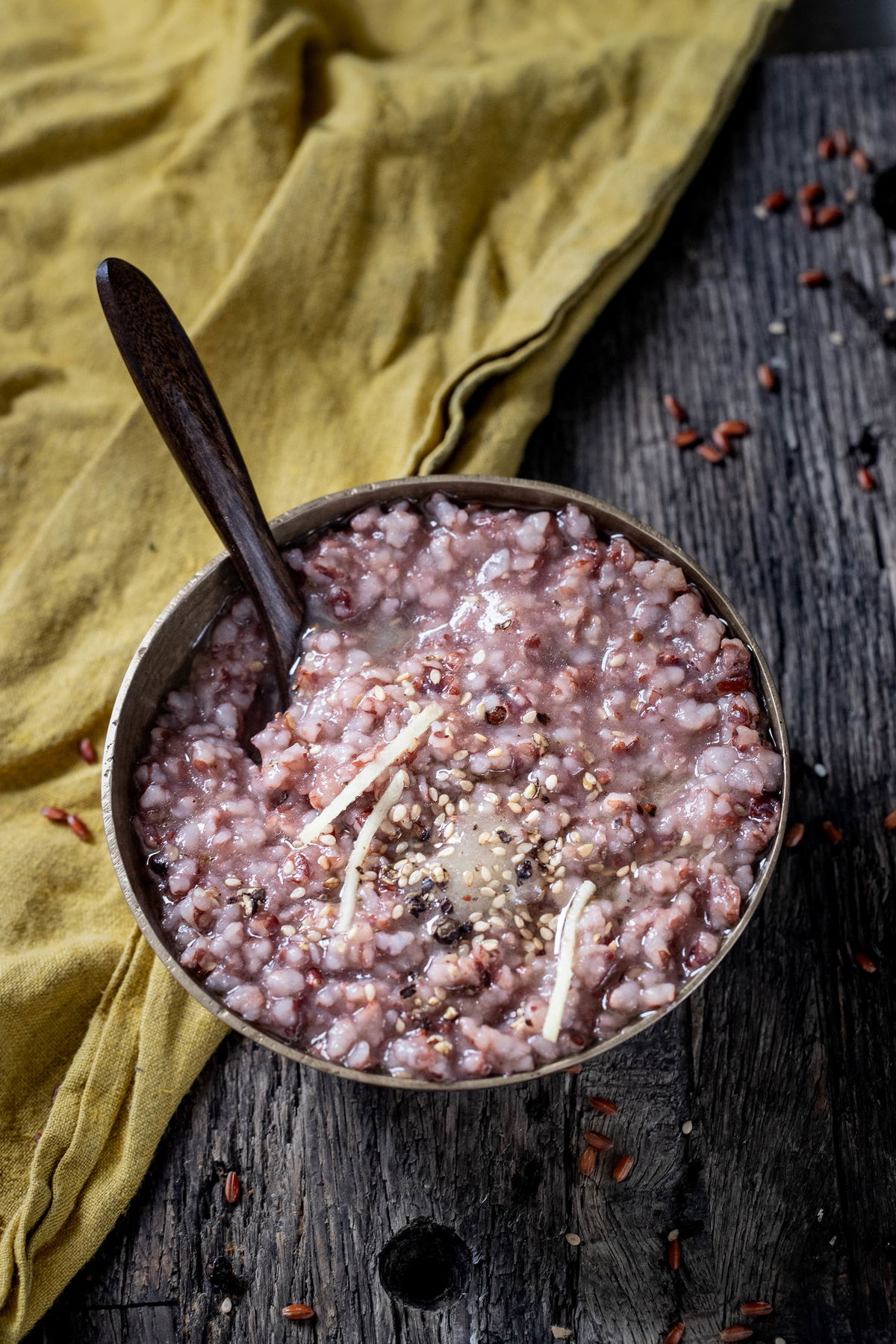 A bowl of yavagu (red rice porridge)