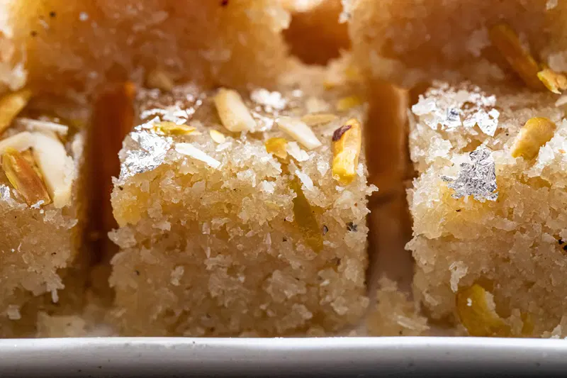 Close up of kopra pak showing the coconut texture.