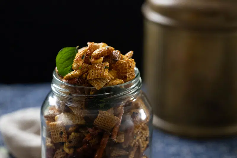 Chex chevdo in a jar for storage.