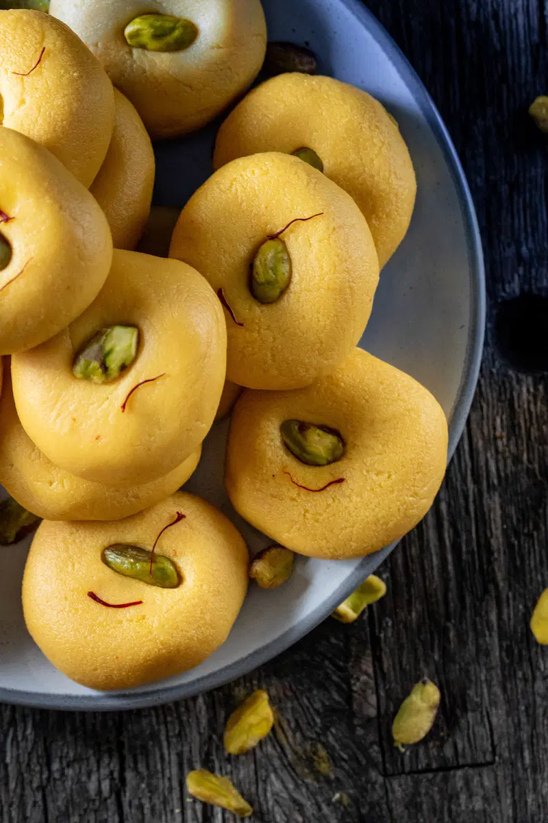 Kesar peda on a plate