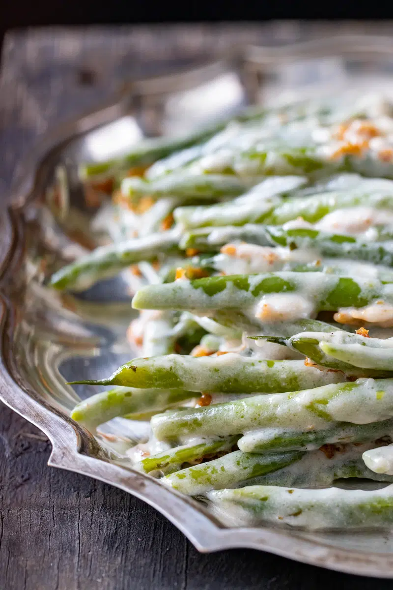 Close up of green beans in methi malai green beans