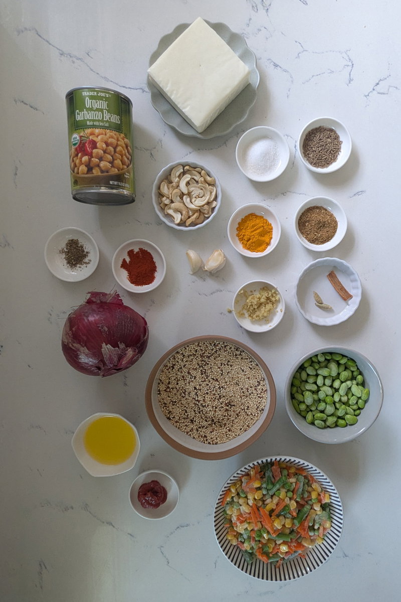 Ingredients of quinoa paneer pulao.