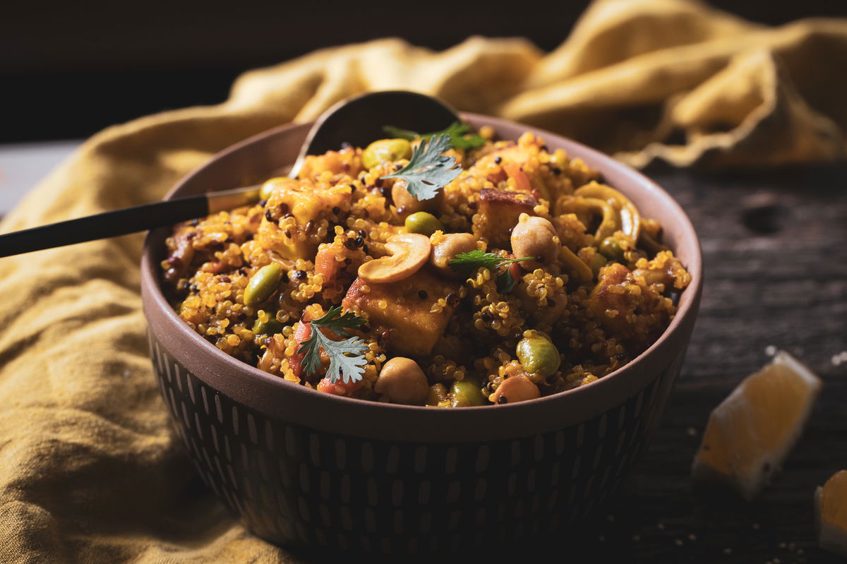 A bowl of quinoa paneer pulao.